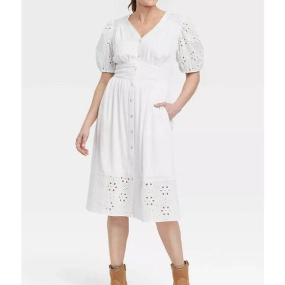 Knox Rose NWT white eyelet puff sleeve midi dress pockets small - Picture 1 of 14